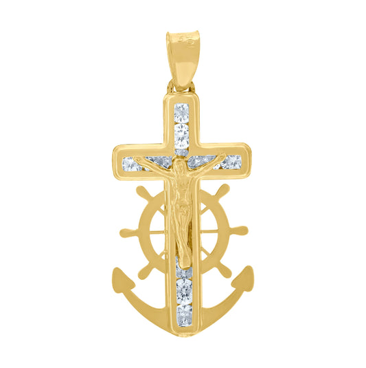 10K Yellow Gold Unisex Cubic Zirconia Cubic-Zirconia Anchor Crucifix Cross Religious Charm Pendant