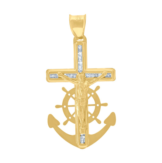 10K Yellow Gold Unisex Cubic Zirconia Cubic-Zirconia Anchor Crucifix Cross Religious Charm Pendant