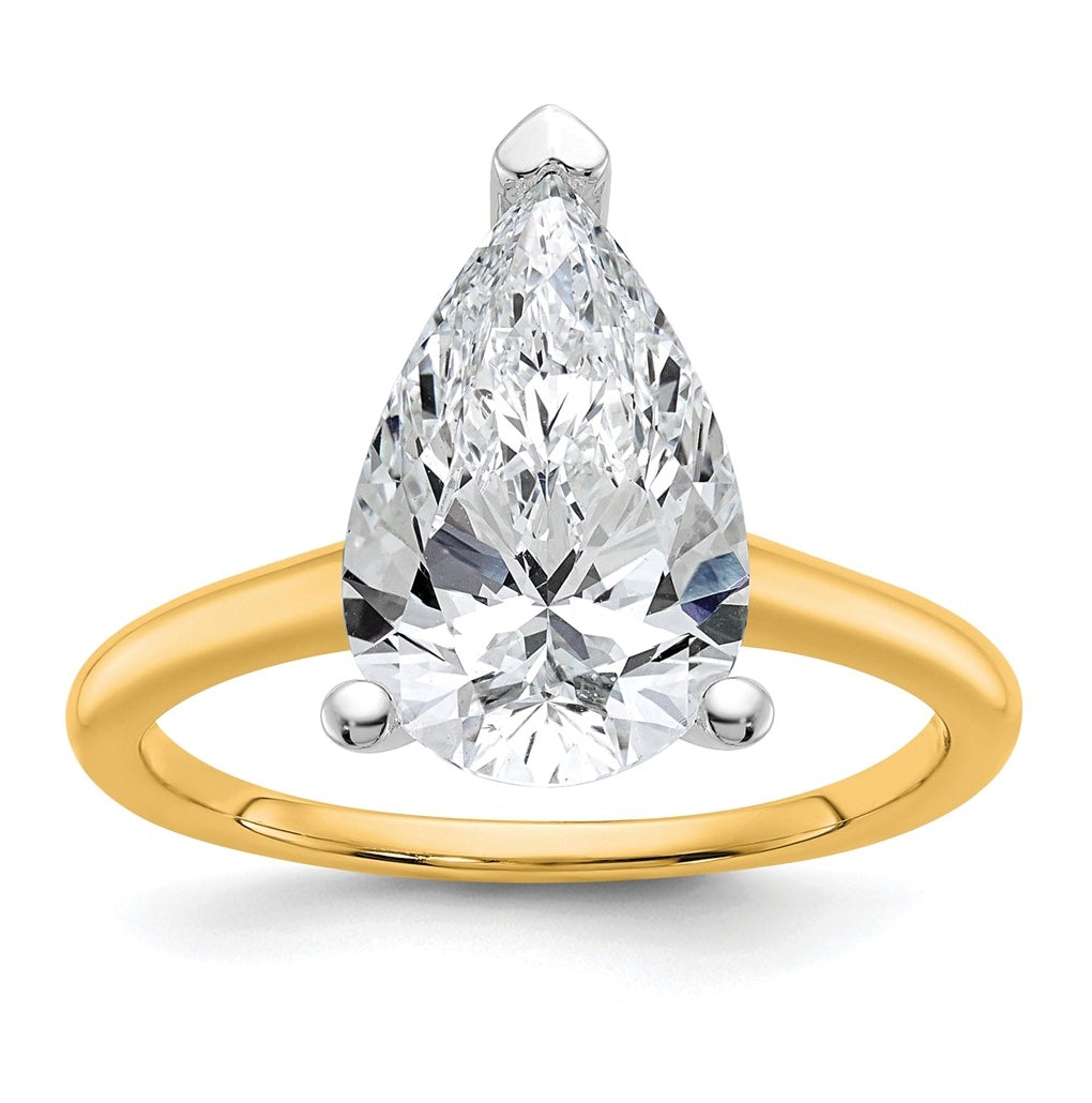 14K Two-Tone Or White Gold Certified Lab Grown Diamond VS+ F+ Pear Solitaire Complete Engagement Ring