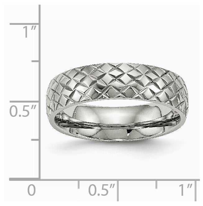 Stainless Steel Polished and Textured Criss Cross Design 6mm Band, Size 8.5