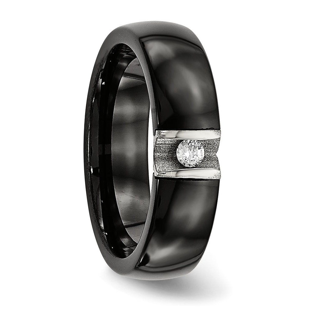 Stainless Steel Polished & Laser Cut Black Ceramic Cubic Zirconia Ring – Elegant Jewelry Gift for Birthday, Anniversary, Engagement, Wedding