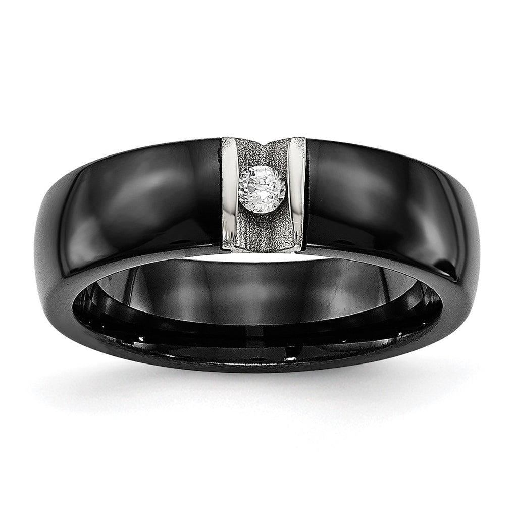Stainless Steel Polished & Laser Cut Black Ceramic Cubic Zirconia Ring – Elegant Jewelry Gift for Birthday, Anniversary, Engagement, Wedding