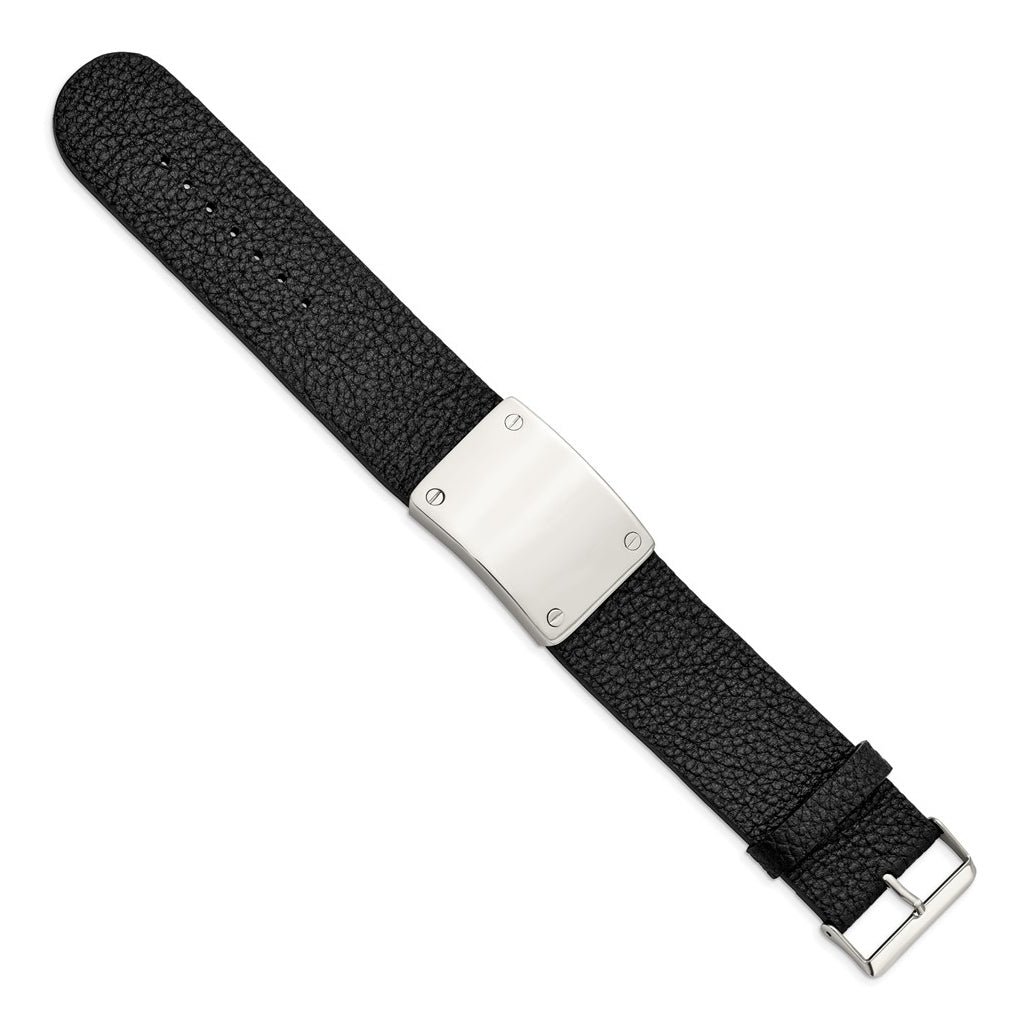 Stainless Steel Polished Black Leather Adjustable 8.5in ID Bracelet