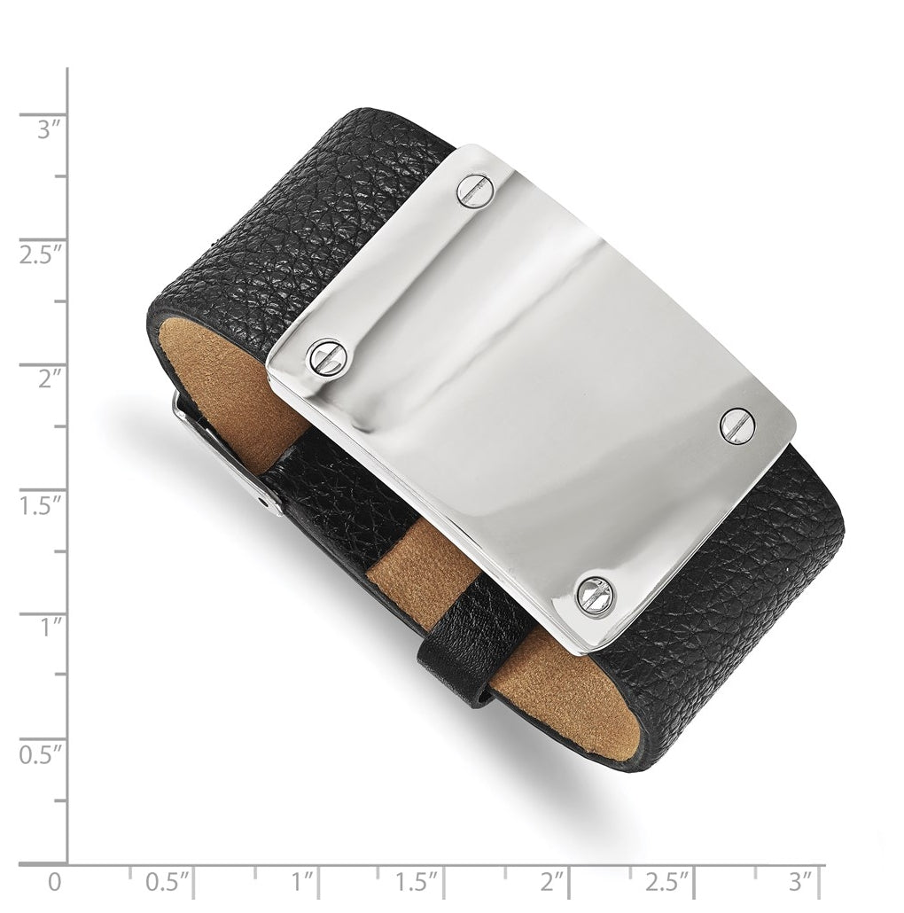 Stainless Steel Polished Black Leather Adjustable 8.5in ID Bracelet