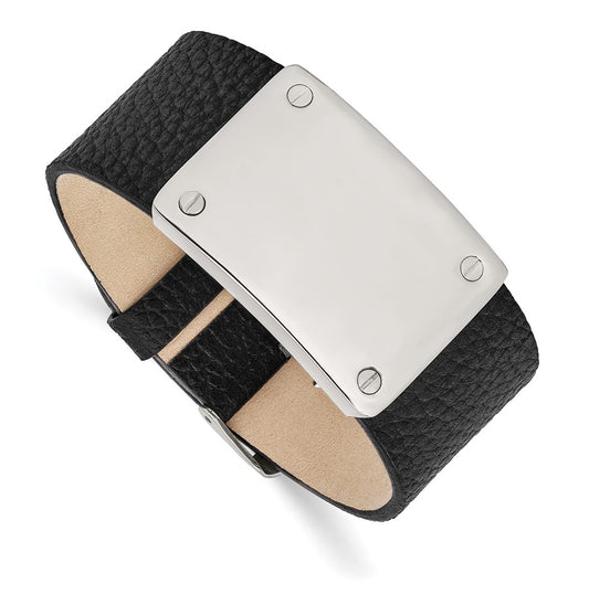Stainless Steel Polished Black Leather Adjustable 8.5in ID Bracelet