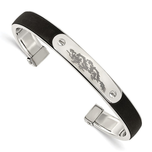Stainless Steel Polished w/Black Rubber Laser etched Dragon Bangle