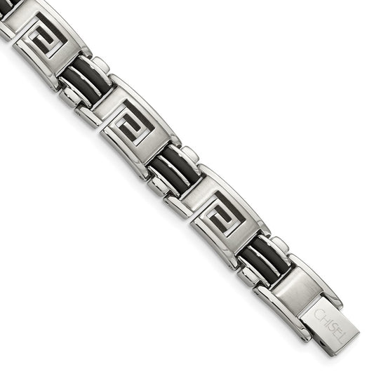 Chisel Stainless Steel Brushed and Polished Black Rubber Inlay Greek Key 8.5 inch Bracelet