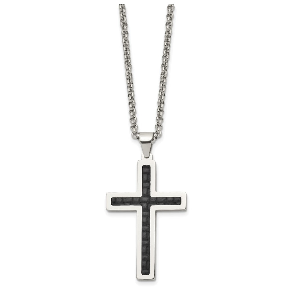Stainless Steel Polished Black Genuine Leather Inlay Cross 20in Necklace – Elegant Jewelry Gift for Birthday, Anniversary, Engagement, Wedding