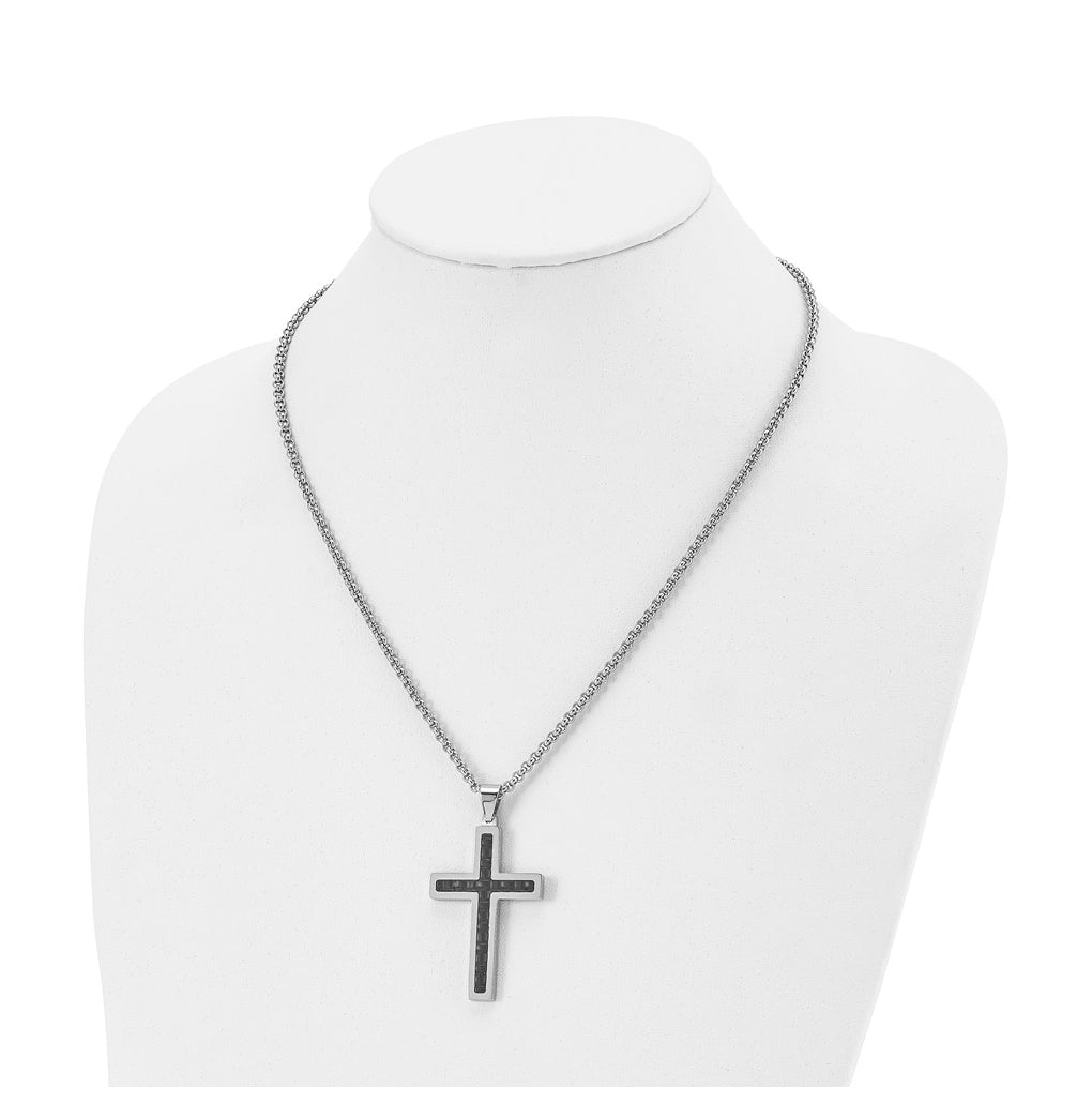 Stainless Steel Polished Black Genuine Leather Inlay Cross 20in Necklace – Elegant Jewelry Gift for Birthday, Anniversary, Engagement, Wedding