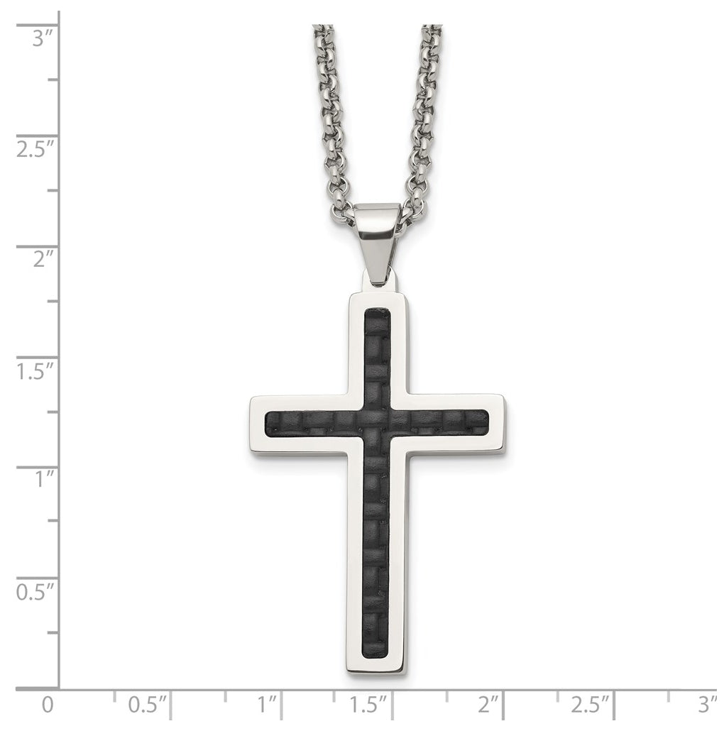 Stainless Steel Polished Black Genuine Leather Inlay Cross 20in Necklace – Elegant Jewelry Gift for Birthday, Anniversary, Engagement, Wedding
