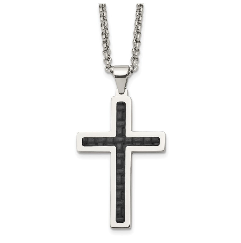 Stainless Steel Polished Black Genuine Leather Inlay Cross 20in Necklace – Elegant Jewelry Gift for Birthday, Anniversary, Engagement, Wedding