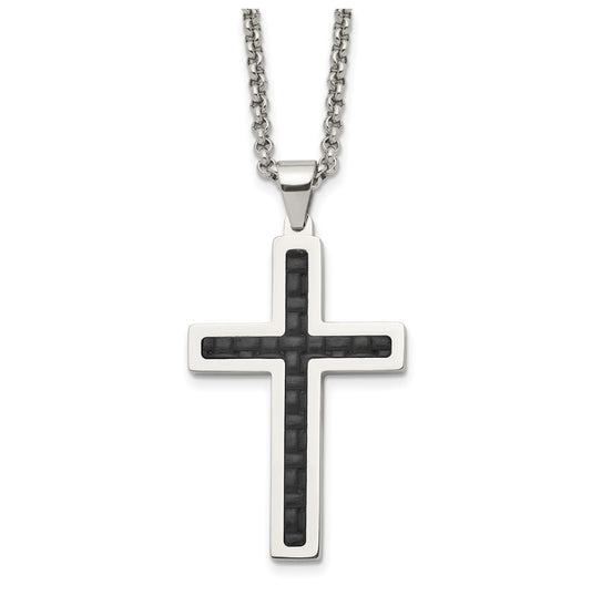 Stainless Steel Polished Black Genuine Leather Inlay Cross 20in Necklace – Elegant Jewelry Gift for Birthday, Anniversary, Engagement, Wedding