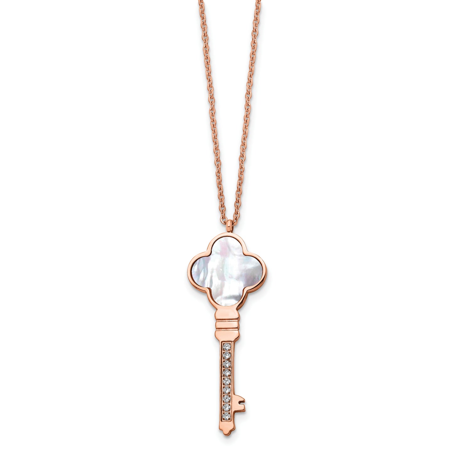 Chisel Stainless Steel Polished Rose IP-plated Cubic Zirconia and Mother of Pearl Key Pendant on a 16 inch Cable Chain with a 2 inch Extension Necklace
