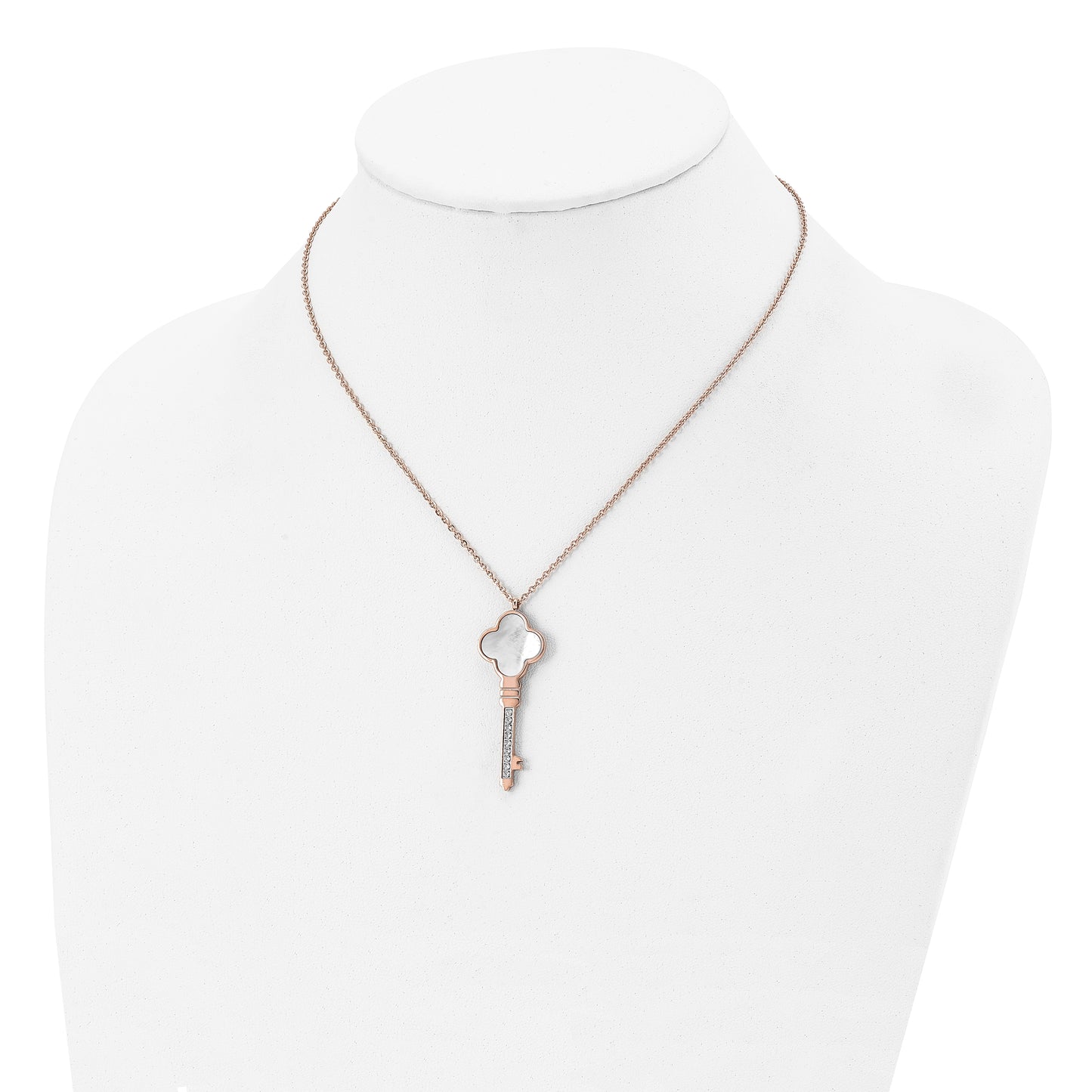 Chisel Stainless Steel Polished Rose IP-plated Cubic Zirconia and Mother of Pearl Key Pendant on a 16 inch Cable Chain with a 2 inch Extension Necklace