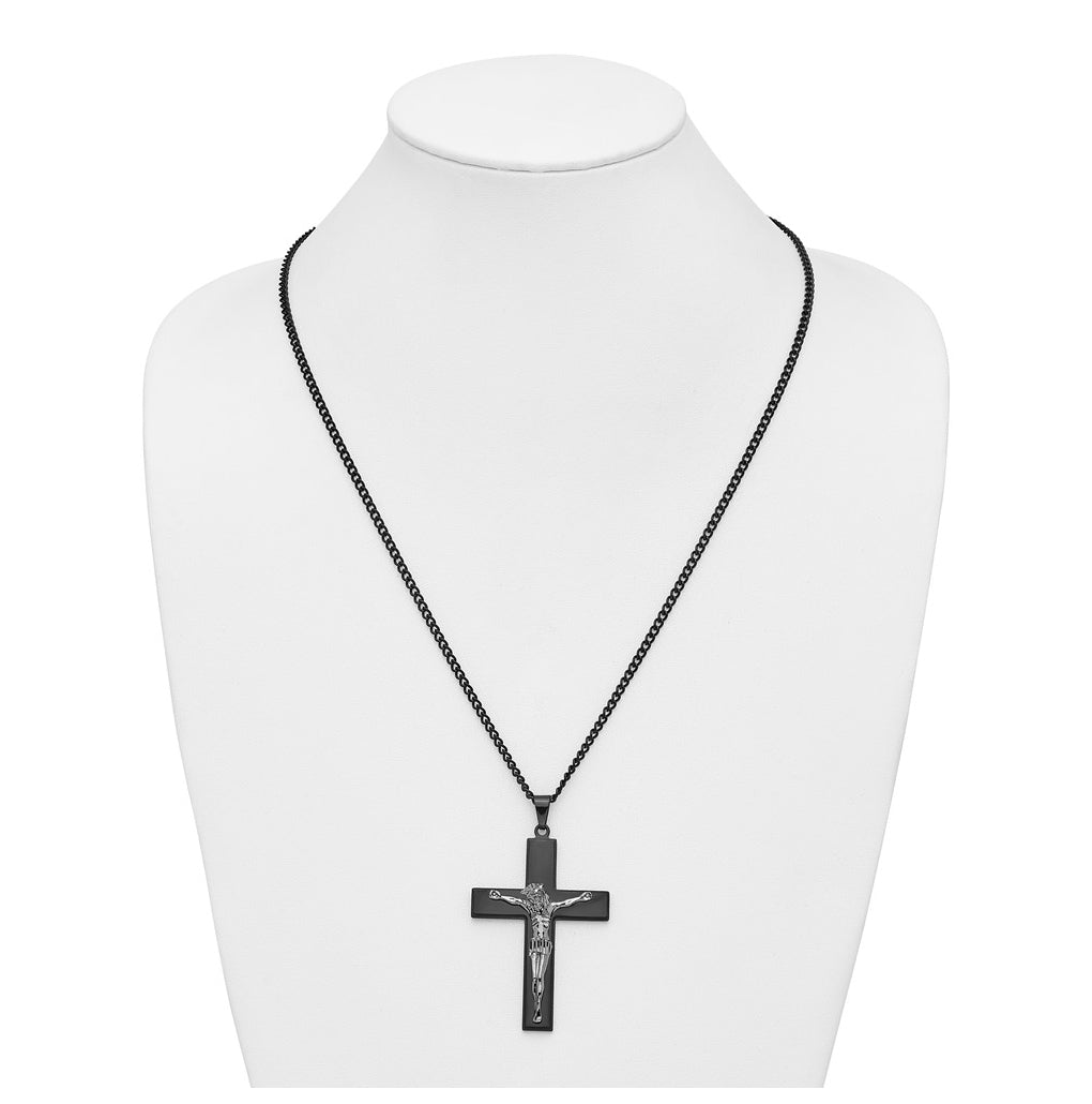 Stainless Steel Polished Black IP-plated Crucifix 24in Necklace