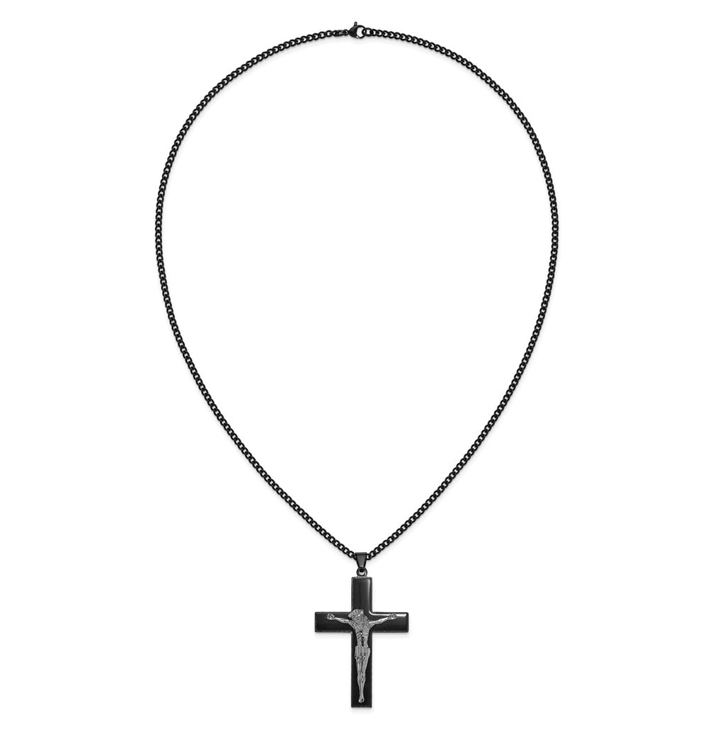 Stainless Steel Polished Black IP-plated Crucifix 24in Necklace