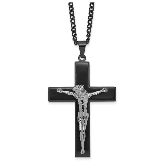 Stainless Steel Polished Black IP-plated Crucifix 24in Necklace