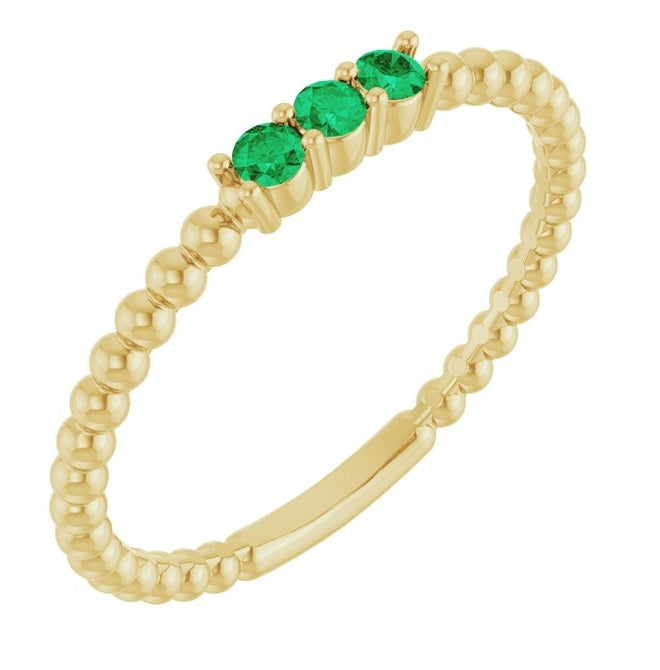 14K Yellow Gold Round 2 Mm Polished Natural Emerald Beaded Ring Size 7