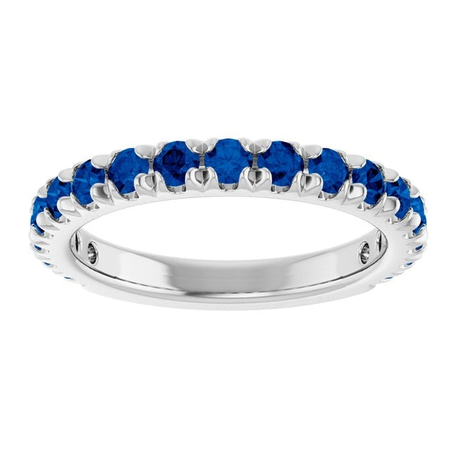 14K White Gold Round 2.5 Mm Polished Lab-Grown Sapphire French-Set Anniversary Band, Size 7