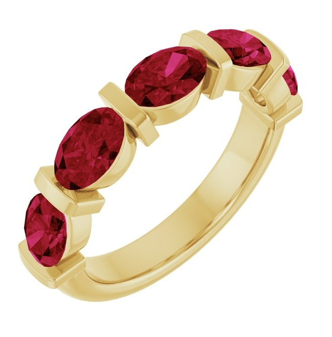 14K Yellow Gold Oval 6 X 4 Mm Polished Lab-Grown Ruby Anniversary Band Size 7