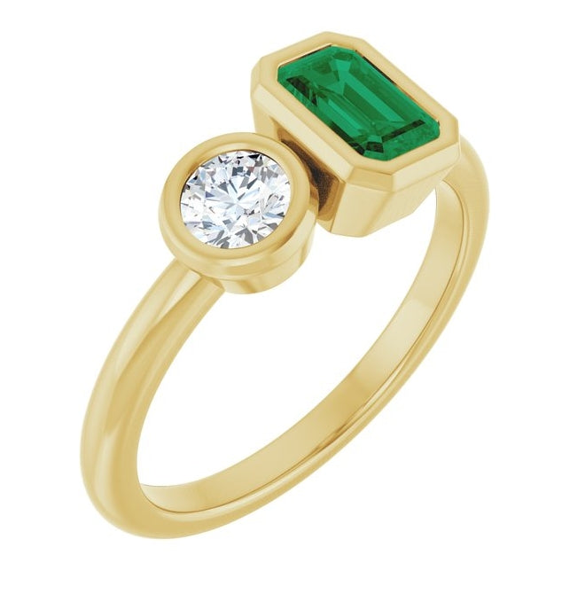 14K Yellow Gold Emerald 6 X 4 Mm Polished Lab-Grown Emerald And 1/4 Ctw Lab-Grown Diamond Ring Size 7