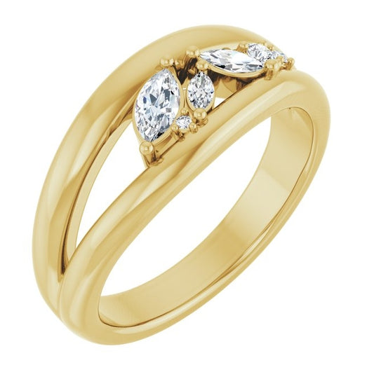 14K Yellow Gold Marquise 5 X 2.5 Mm Polished 1/3 Ctw Natural Diamond Negative Space Ring Size 7