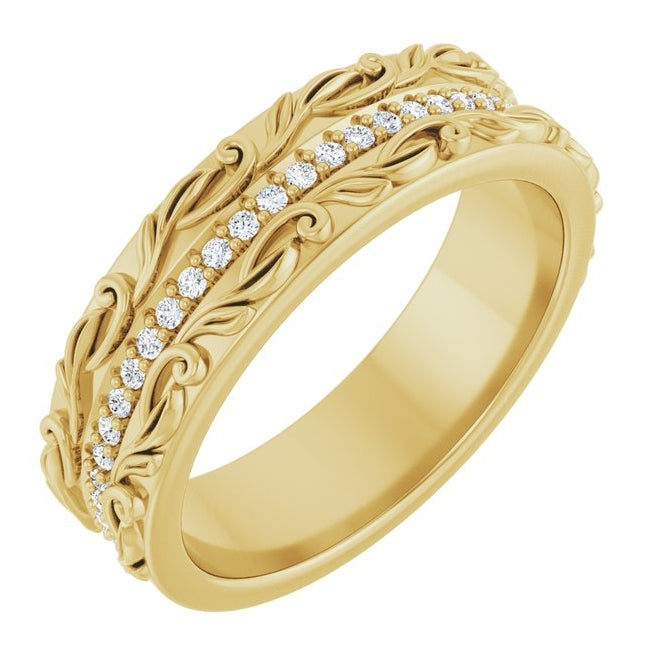 14K Yellow Gold Round 1.2 Mm 6 Mm Vs, F+ Polished 1/4 Ctw Lab-Grown Diamond Floral Accented Band Size 10