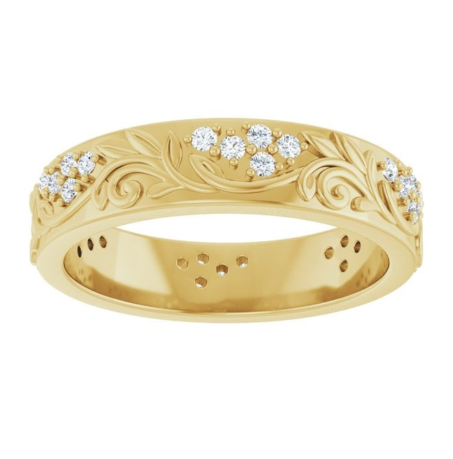 14K Yellow Gold Round 1.5 Mm Si2-Si3, G-H  Polished 3/8 Ctw Natural Diamond Floral Band Size 10