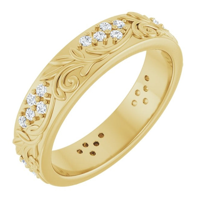 14K Yellow Gold Round 1.5 Mm Si2-Si3, G-H  Polished 3/8 Ctw Natural Diamond Floral Band Size 10