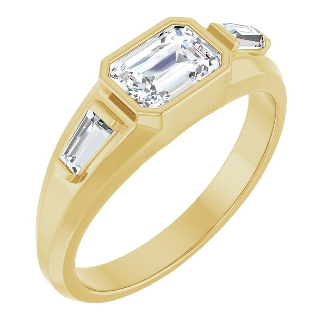 14K Yellow Gold Emerald 7 X 5 Mm 8.4 Mm Vs, F-G Polished 1 1/2 Ctw Lab-Grown Diamond Three Stone Band Size 10