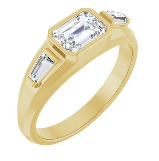 14K Yellow Gold Emerald 7 X 5 Mm 8.4 Mm Vs, F-G Polished 1 1/2 Ctw Lab-Grown Diamond Three Stone Band Size 10