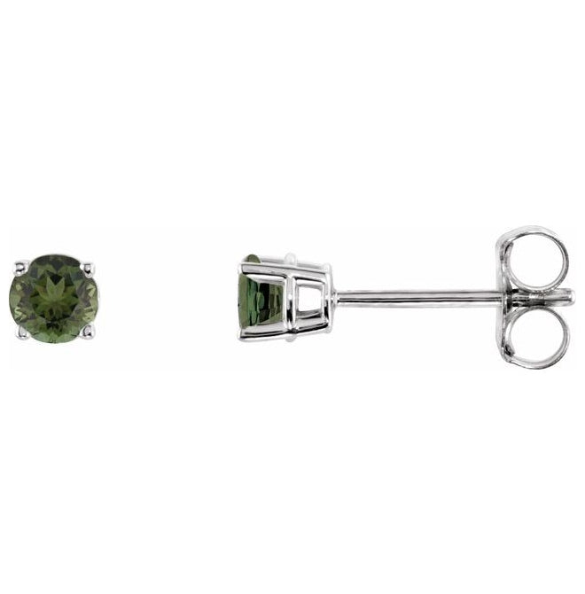 14K White Gold Round 3 Mm Friction Back 4-Prong Polished Natural Green Tourmaline Stud Earrings