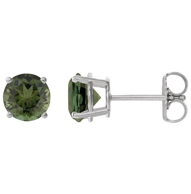 14K White Gold Round 6 Mm Friction Backs 4-Prong Polished Natural Green Tourmaline Stud Earrings