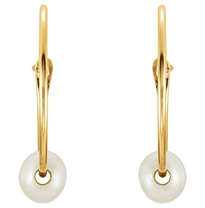 14K Yellow Gold Cultured White Freshwater Pearl Youth Huggie Earrings