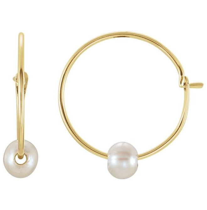 14K Yellow Gold Cultured White Freshwater Pearl Youth Huggie Earrings