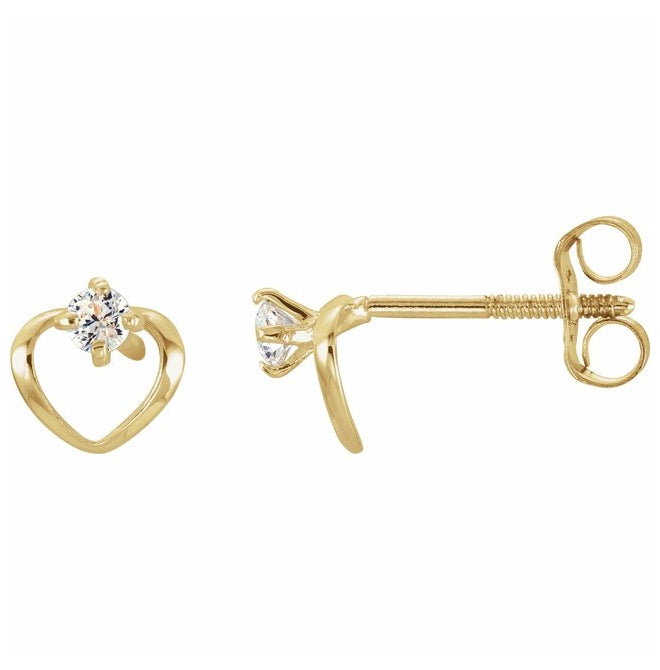 14K Yellow Gold Imitation White Cubic Zirconia Youth Heart Earrings