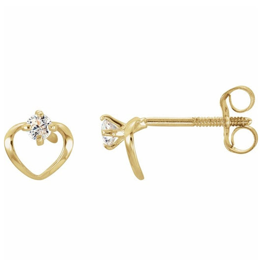 14K Yellow Gold Imitation White Cubic Zirconia Youth Heart Earrings
