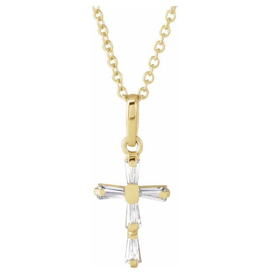 14K Yellow Gold Tapered Baguette 3 X 1.5 Mm 15 In Polished Cz Youth Cross Necklace With Box