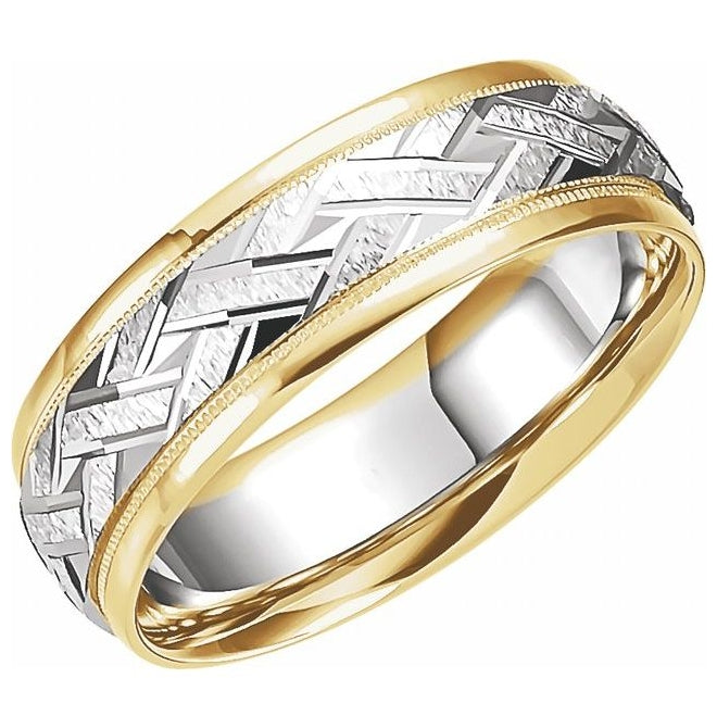 10K Yellow Or Two-Tone Gold 7 mm Polished Milgrain Woven-Design Comfort-Fit Half Round Band