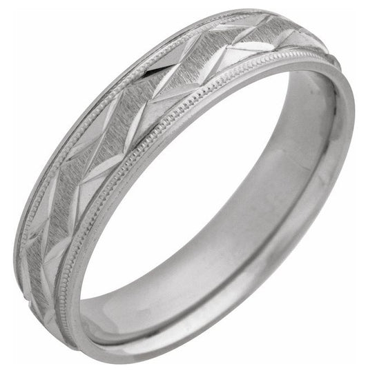 14K Yellow Or White Gold 5 mm Milgrain Edge Geometric Faceted Comfort-Fit Half Round Band