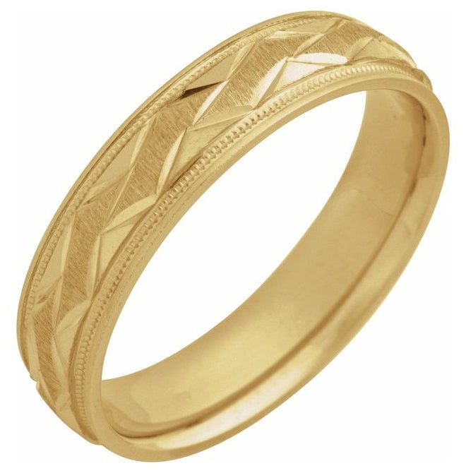 14K Yellow Or White Gold 5 mm Milgrain Edge Geometric Faceted Comfort-Fit Half Round Band