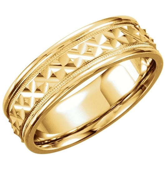 14K Yellow Gold 7 mm Milgrain Geometric Diagonal Grooved Band Size 10
