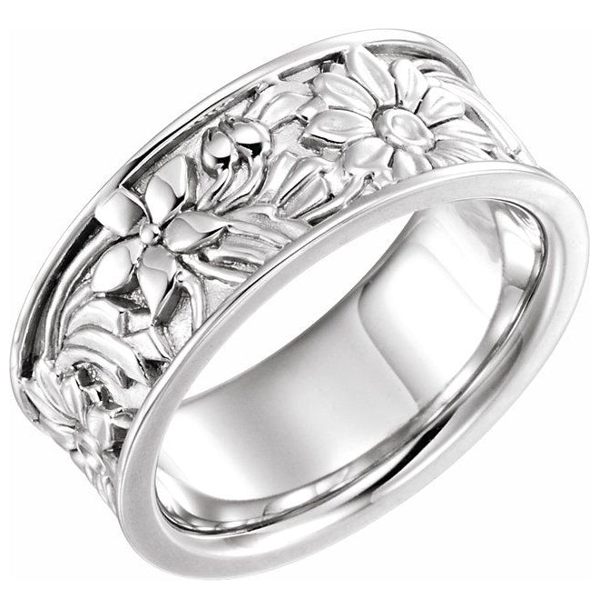 Sterling Silver 8.25 mm Floral Flat Band Size 6