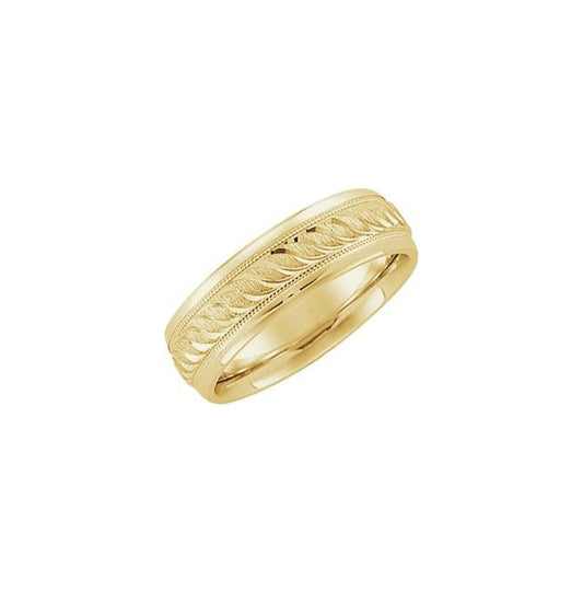 14K Yellow Gold 6 mm Milgrain Design-Engraved Comfort-Fit Half Round Band Size 10.5