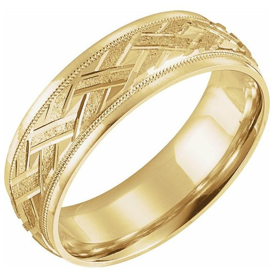 10K Yellow Or Two-Tone Gold 7 mm Polished Milgrain Woven-Design Comfort-Fit Half Round Band