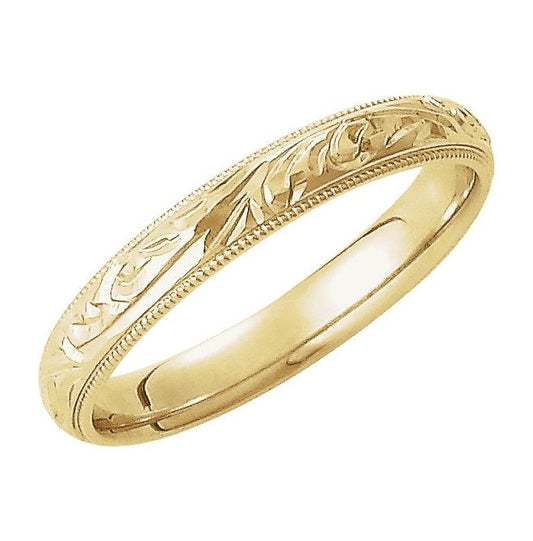 14K Yellow Gold Or Platinum 3 mm Milgrain Edge Sculptural Comfort-Fit Half Round Band