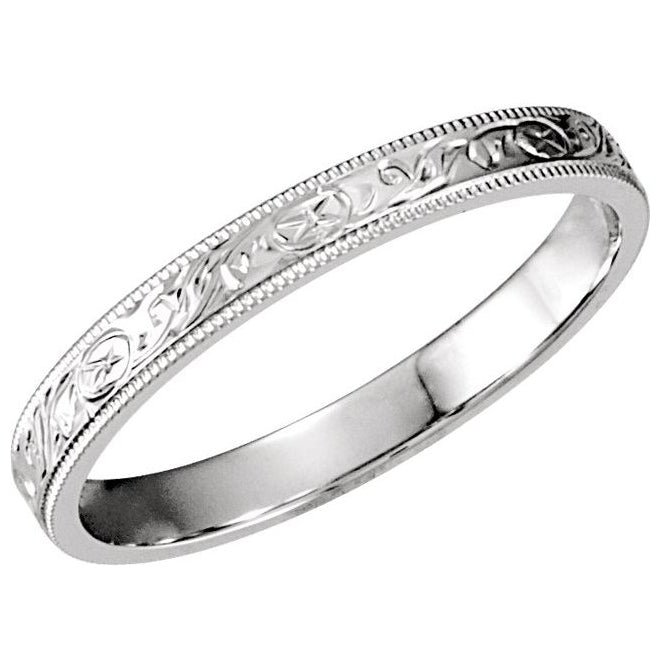 14K White Gold 3 mm Hand-Engraved Milgrain Band Size 6