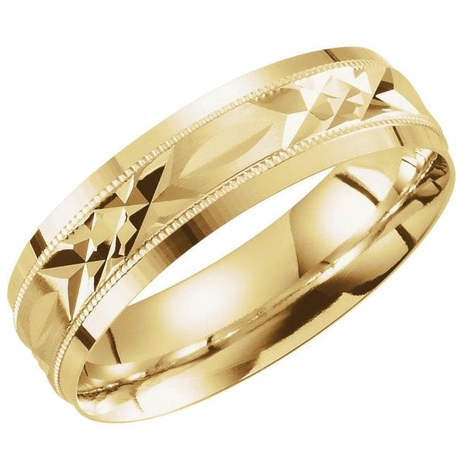 14K Yellow Gold 6 mm Milgrain Edge Geometric Faceted Comfort-Fit Flat Band Size 10
