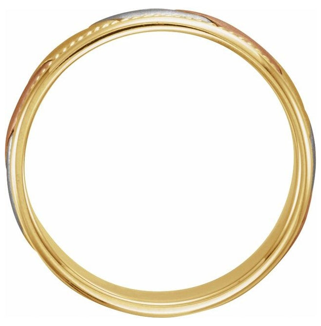 14K Yellow/White/Rose Gold 7 mm Rope Edge Hand-Woven Comfort-Fit Flat Band Size 12