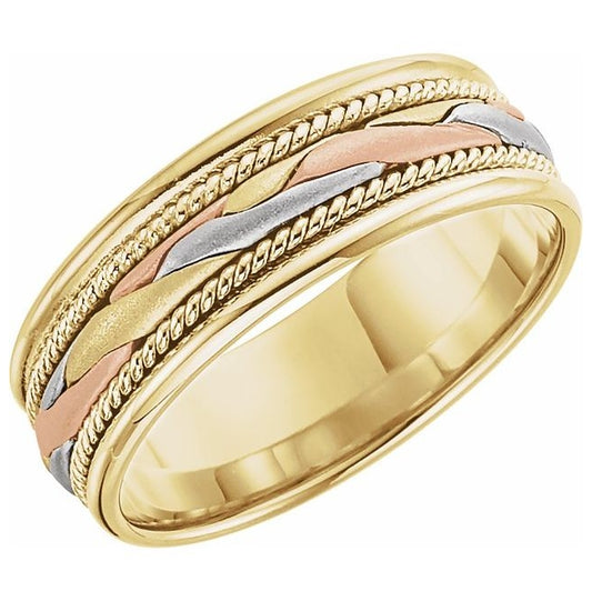 14K Yellow/White/Rose Gold 7 mm Rope Edge Hand-Woven Comfort-Fit Flat Band Size 12
